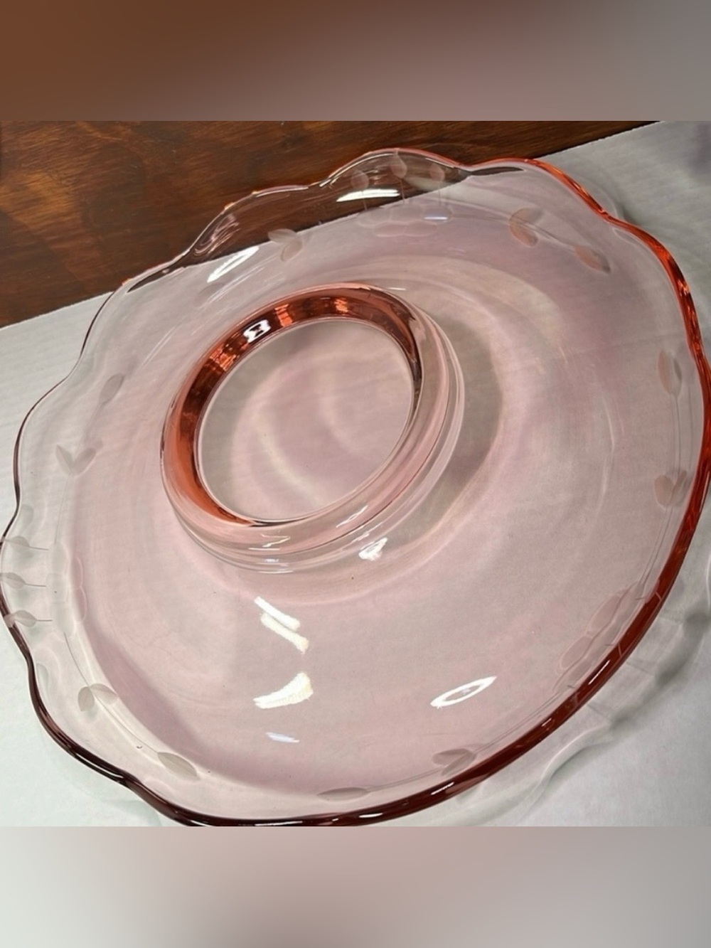 Vintage Cambridge Pink Depression Glass Console Bowl Acid Etched Floral 10.5”